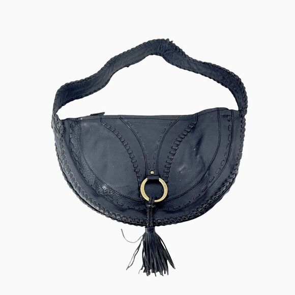 BCBGirls Black Leather Boho Southwestern Hobo Tassel Purse Whipstitch Handbag - Picture 1 of 9